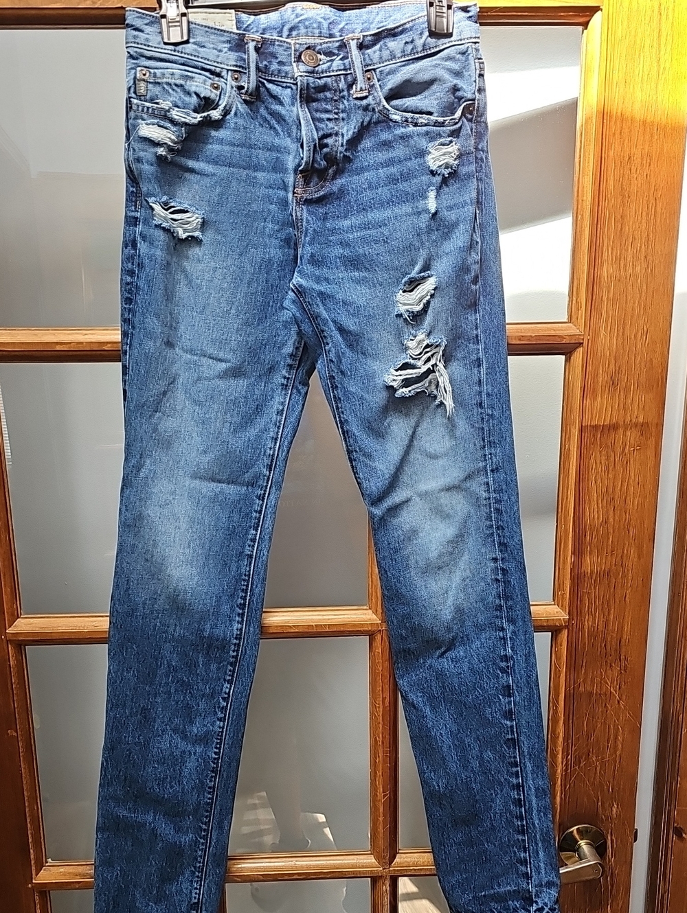 Abercrombie & Fitch Mens Distressed Skinny Jeans - Blue Wash Button Fly